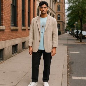 Perry Ellis Cotton Seersucker Tan Brown Striped Three Season Blazer Size 44 R